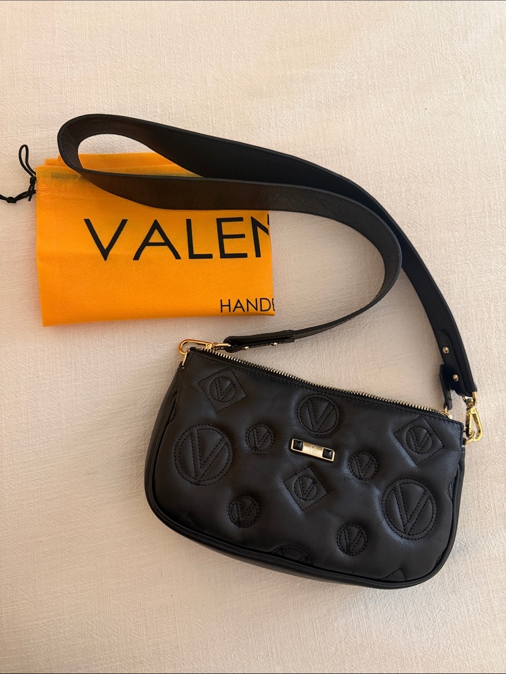 Mario Valentino Black Quilted Logo Shoulder Crossbody Bag with Wide Strap